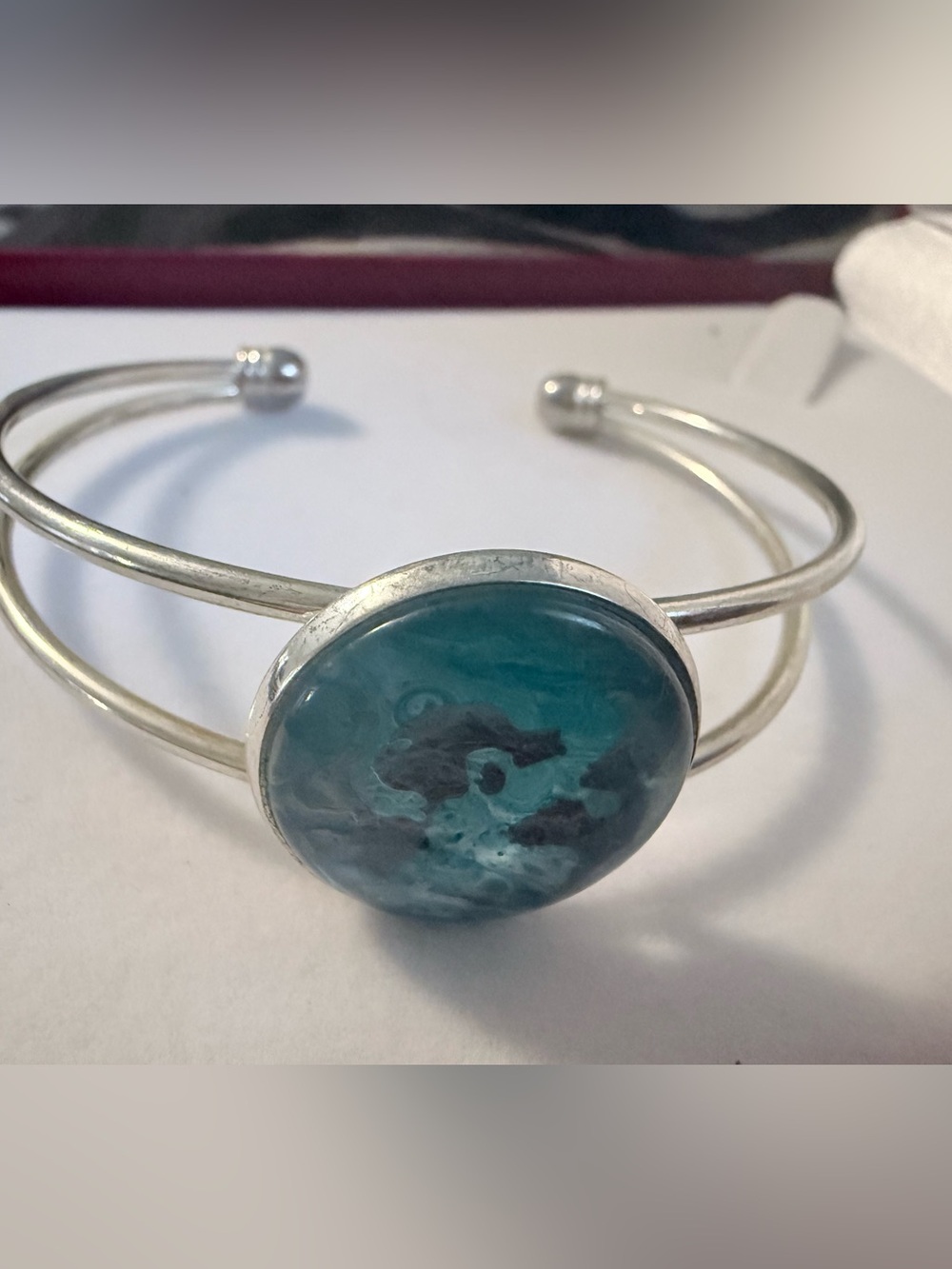 Silver Cuff Bracelet with Teal Resin Accent